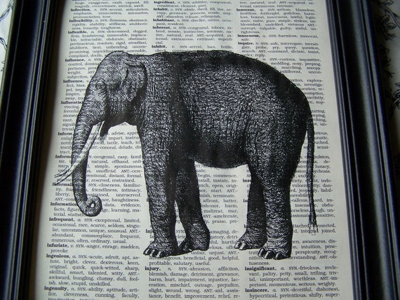 Elly The Elephant Is Here 8 X 10 Elephant Print On Vintage Book Page