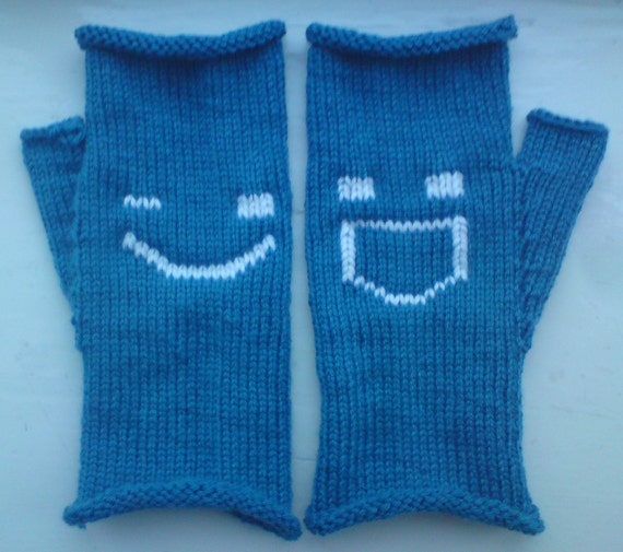 Blue Fingerless Gloves with Winking and Grinning Emoticons