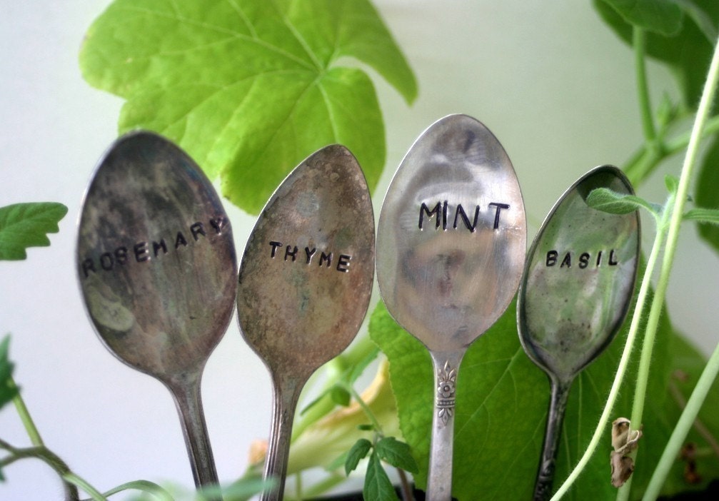 Vintage Silverware Garden Marker - Mint Basil Rosemary Thyme Set