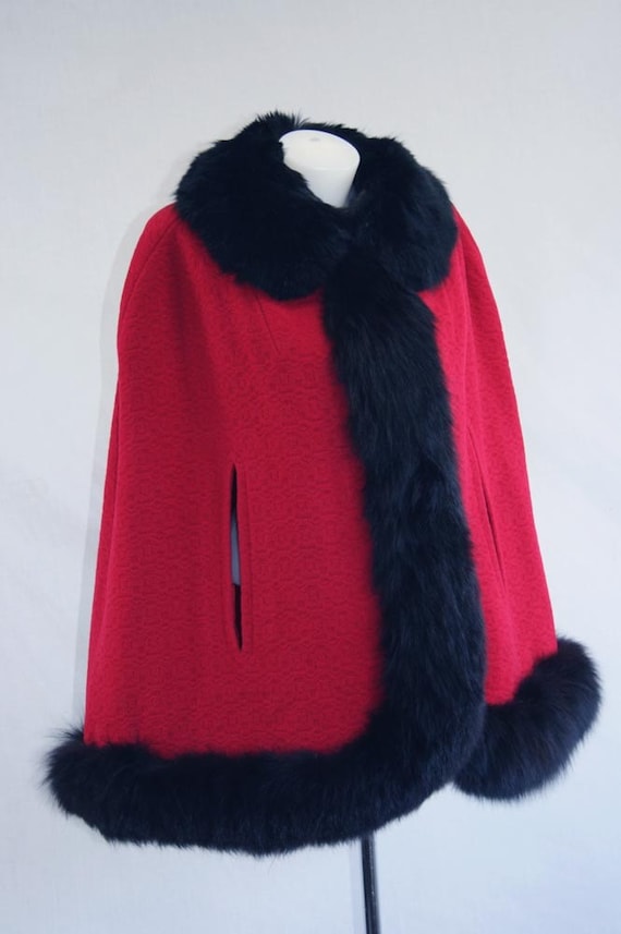 Vintage 50's 60's Cape Fox Fur RED Wool Wide Flared Silhouette Heavy Coat Wrap Red Satin Lined Wili Designer Rare Cute Cape
