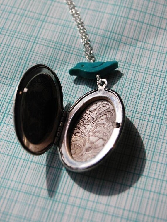 Vintage Locket and Turquoise Bird Necklace