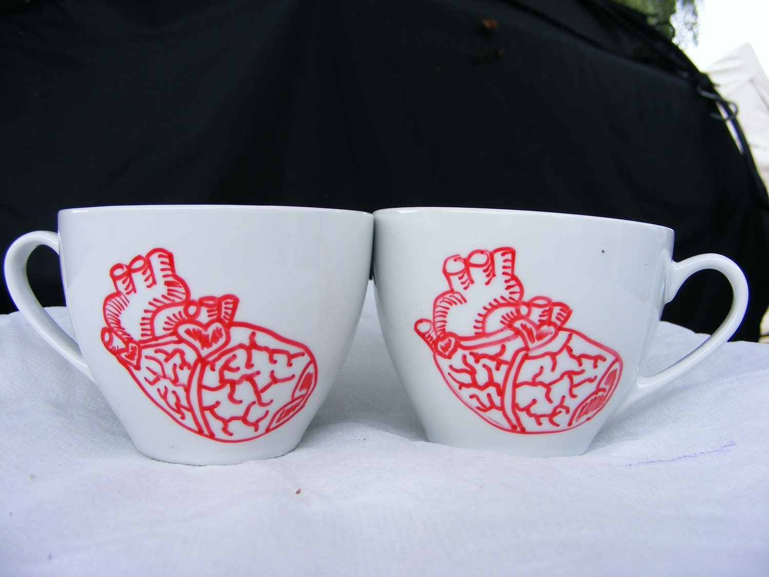 Red Anatomical Heart White Teacup 2 handpainted