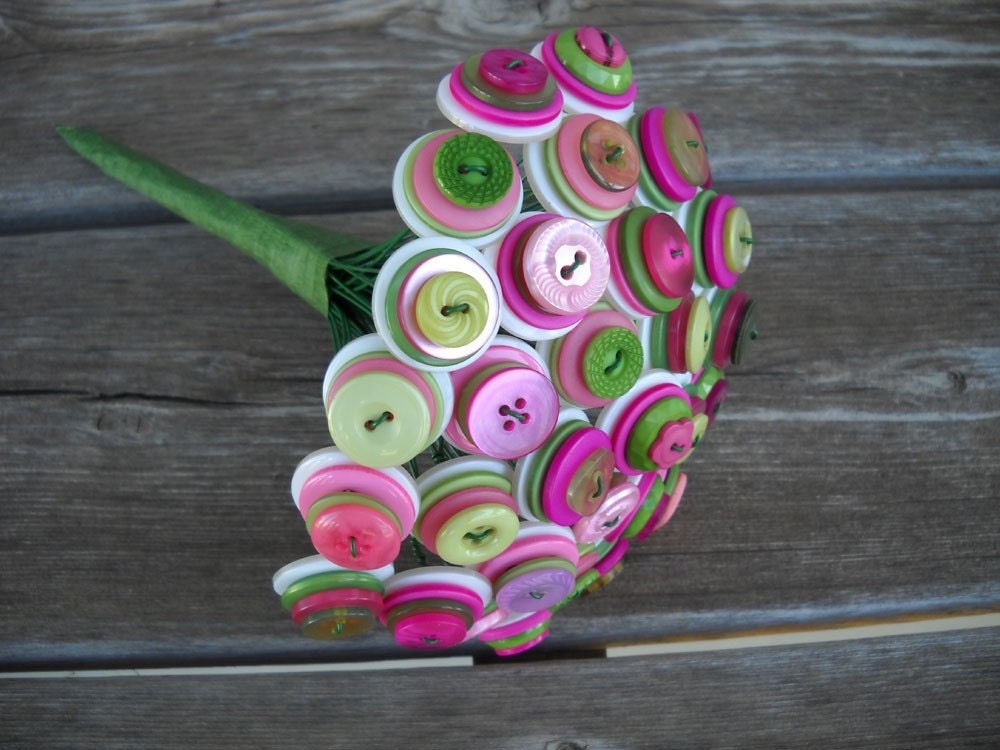 Pink Green Button Bouquet Bride Toss Flower Girl Centerpiece