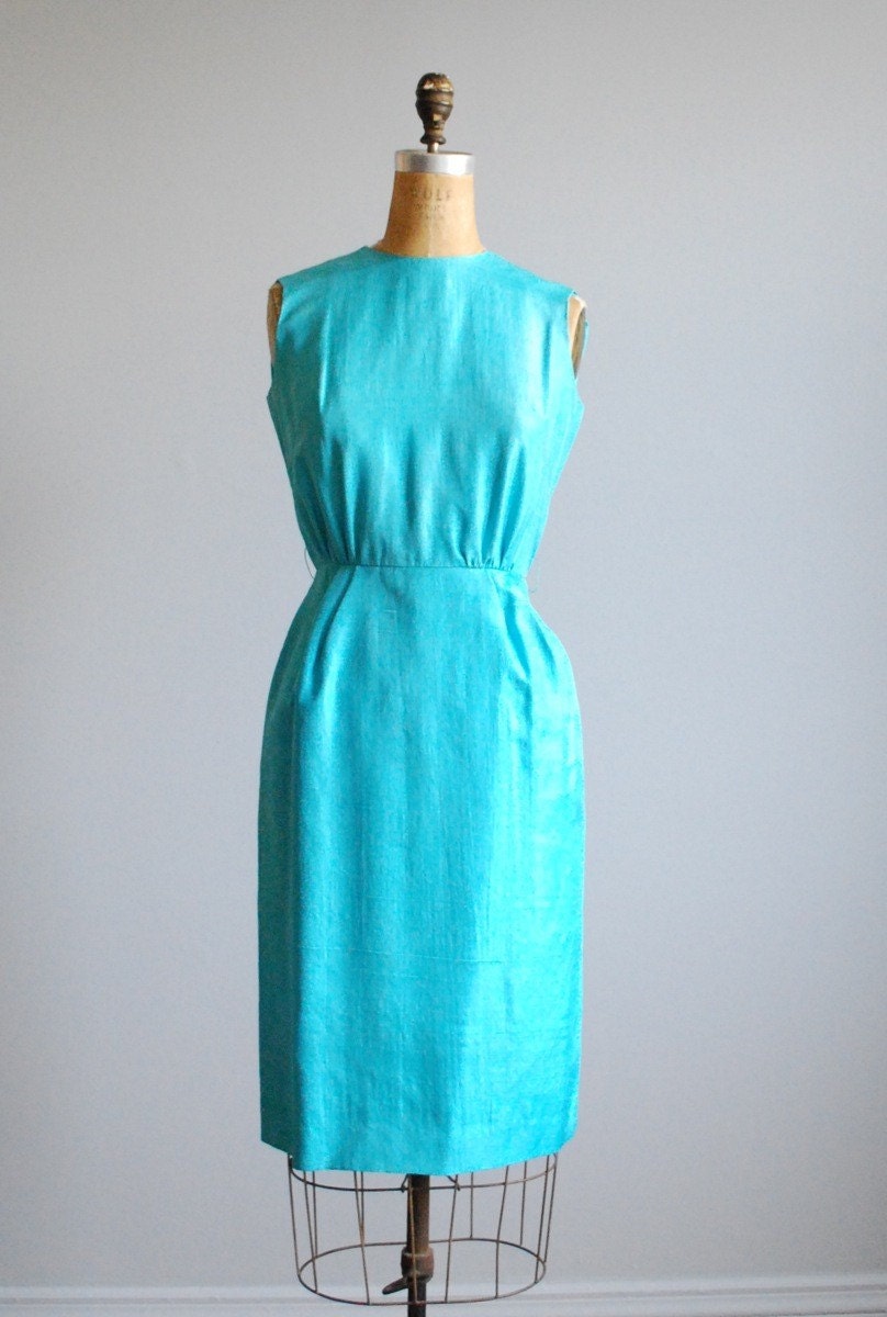 50's Aqua Blue Raw Silk Wiggle Sheath Dress