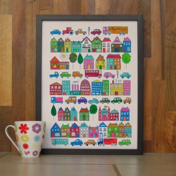 town - screenprinted colour-it-yourself poster