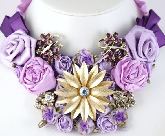 ON SALE- Sweet Surrender- Statement Vintage Bib Necklace with Vintage Repurposed Brooches and Satin Flowers