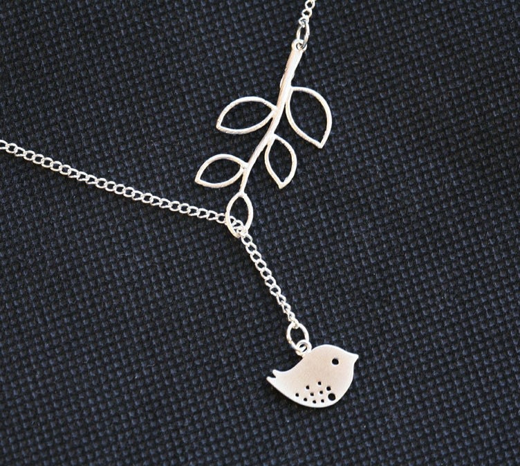 holiday sale-Lovely Silver Bird and branch Dangle Lariat