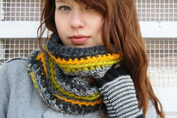 Olive, Mustard Yellow, and Gray Cowl Scarf FREE SHIPPING