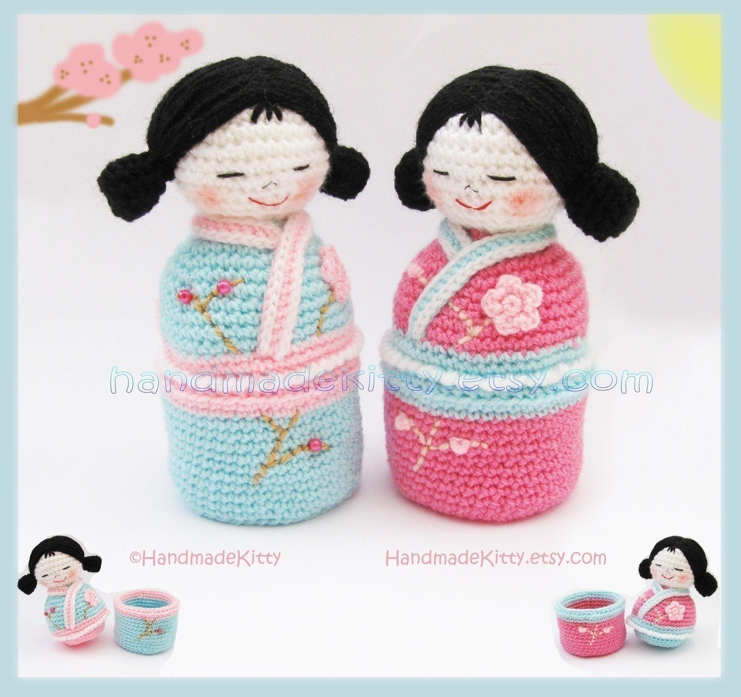 Japanese kokeshi girls jewelry box Amigurumi PDF Crochet Pattern by HandmadeKitty