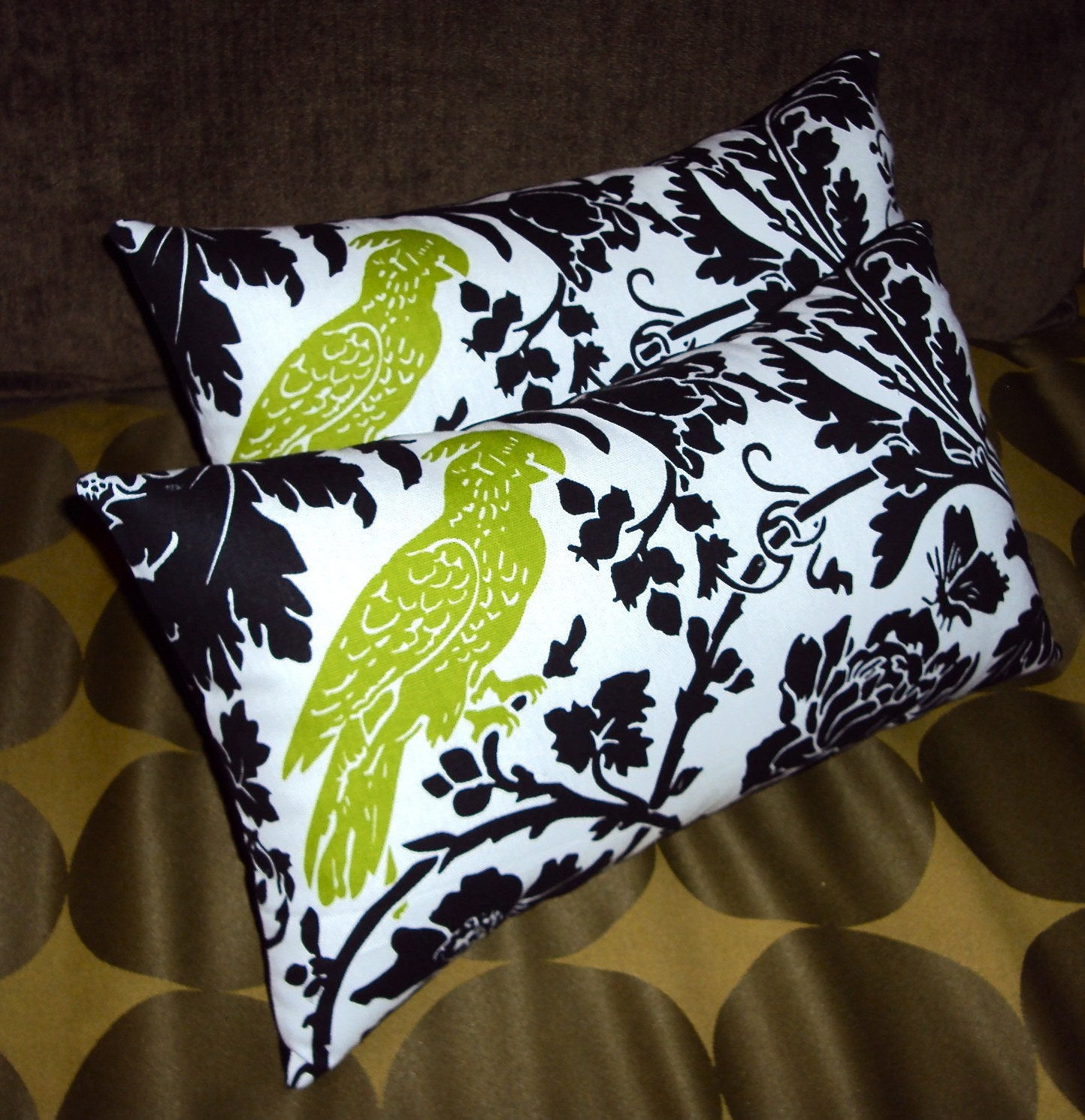 2 Green Black and White Parrot Floral Fabric Mini Lumbar Pillows
