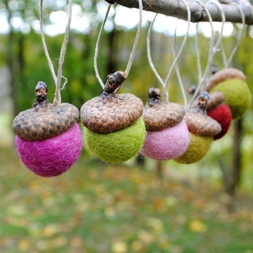 Wool Felted Acorn Ornaments - Set of 12 in Christmas Pinks and Greens