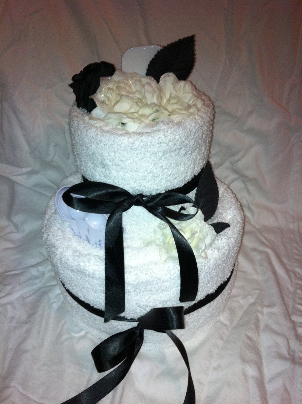 Wedding Towel Cake- Black and White/ Black Rose and Gardenia