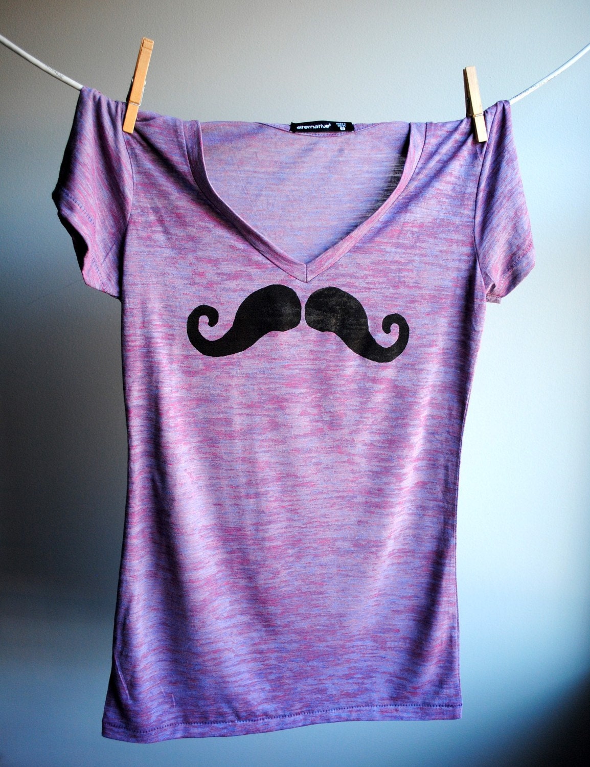 Mustache T-Shirt - V Neck Heather Burnout Tunic - Purple  with Black Print - Womens size Medium