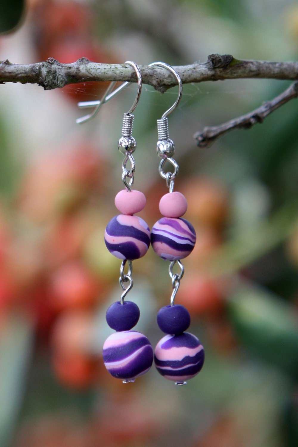 Polymer clay bead earrings Hypoallergenic purple and pink