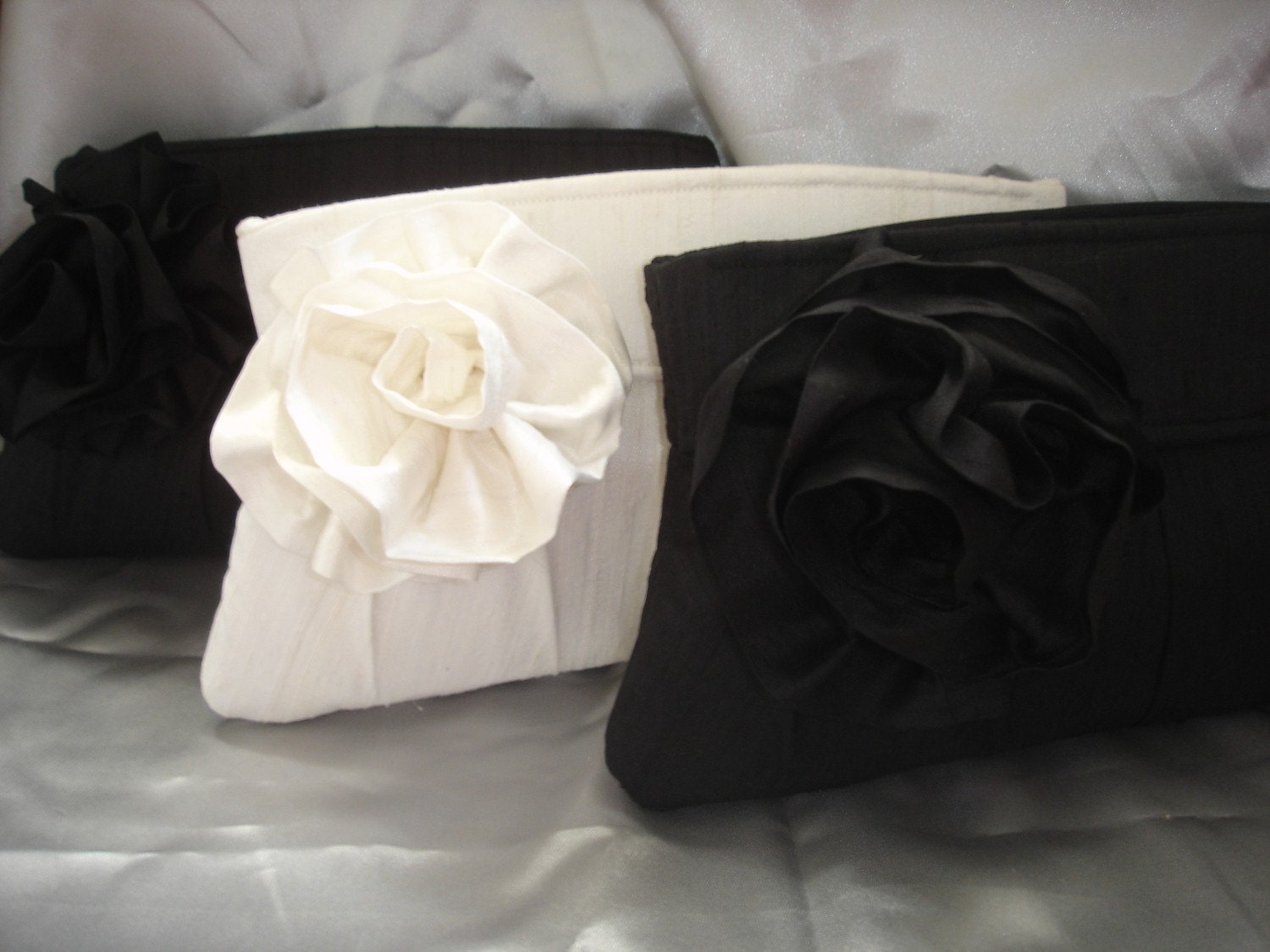 The JJ - Set of 3 Black & White Silk Dupioni Clutches with Removable Flower