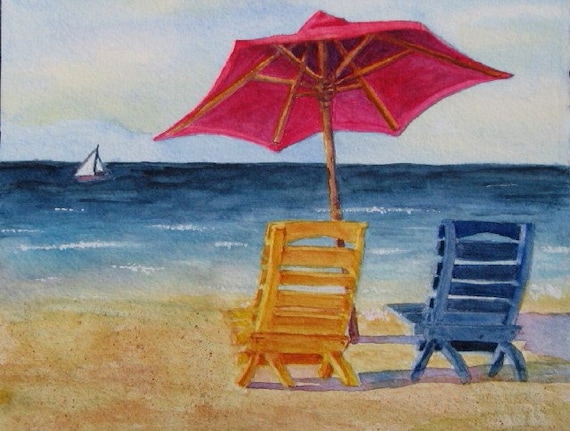 Beach Chairs and Umbrella Art: Limited Ed Watercolor Print 16x20