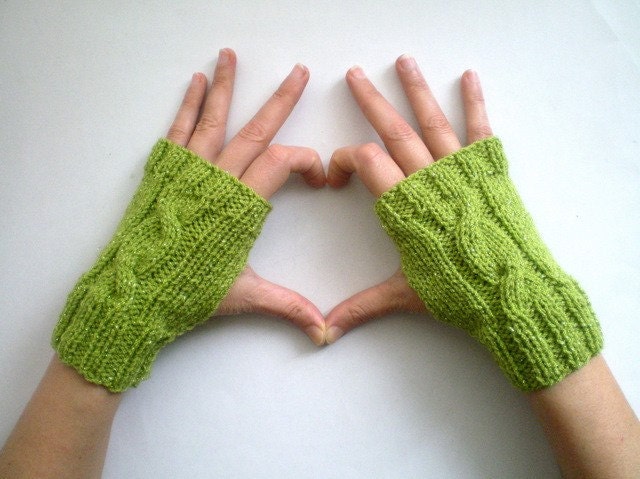 Sparkling Green Cable Knitted Mitten, Fingerless Gloves, Holidays Valentines Gift Under 25 Gift for mom