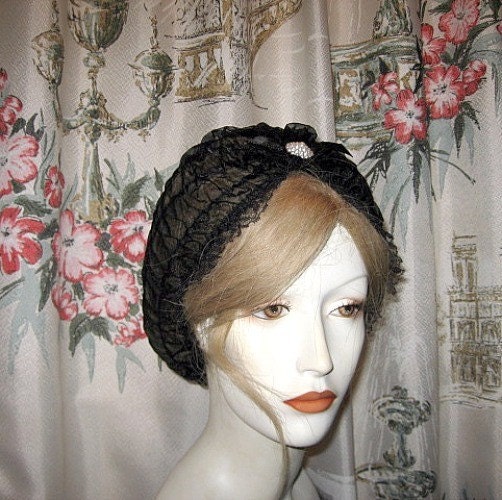Vintage 50s Black Hair Net Curler Cap Snood Retro Rockabilly with Pearl