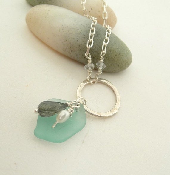 Sea Glass, Pearl and Labradorite Sterling Silver Necklace