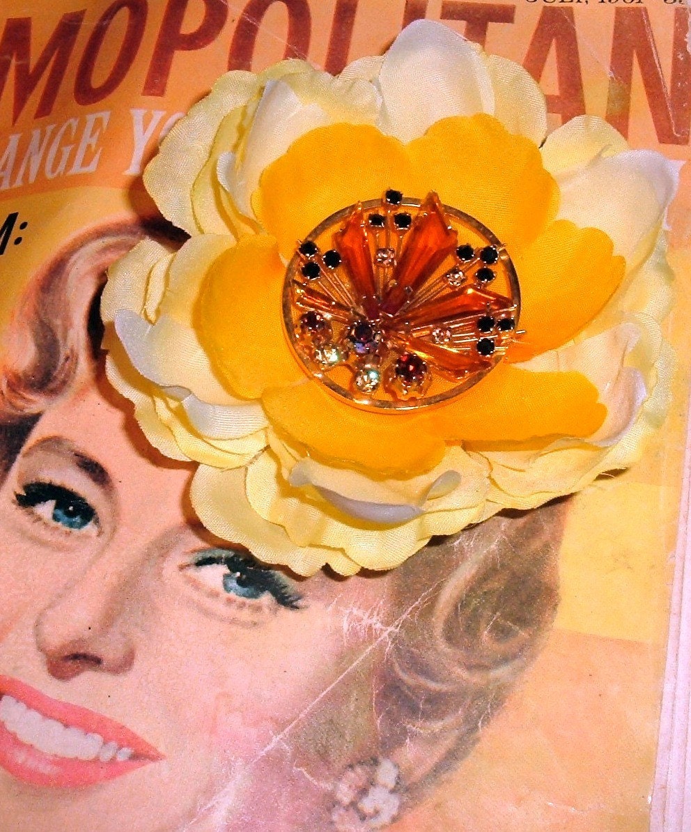 Yellow Peril ooak flower hair clip  reclaimed vintage rhinestone brooch centerpiece