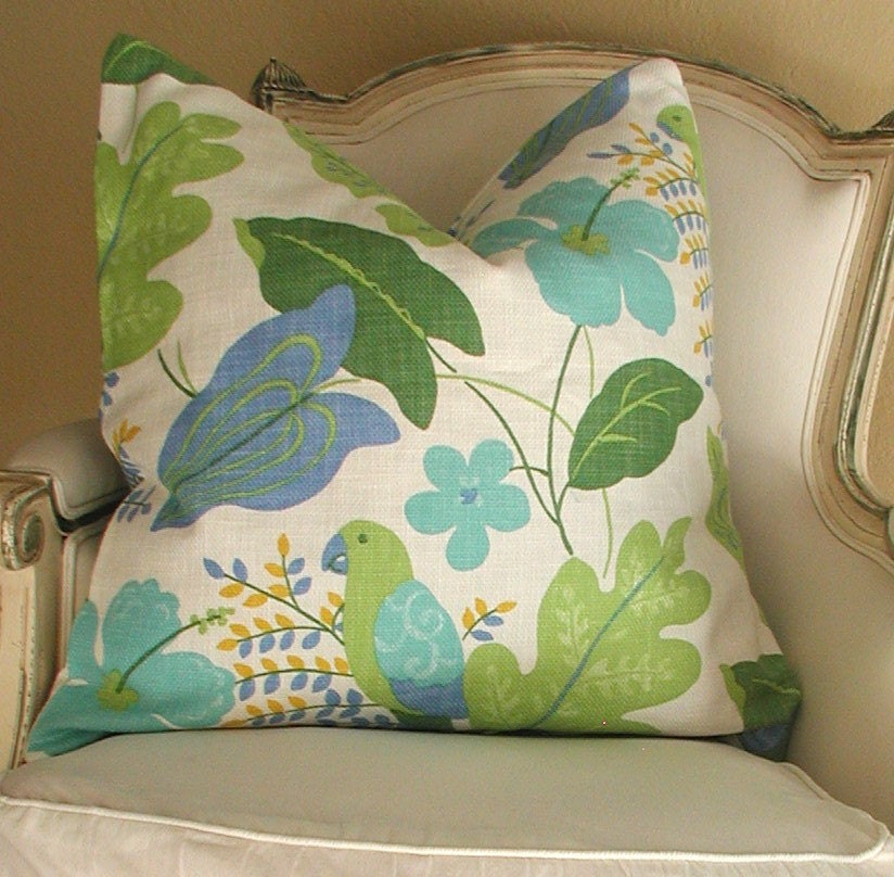 DESIGNER PILLOW 22 inch Modern Floral Leaf Pattern with Birds, Cotton, Greens and Blues