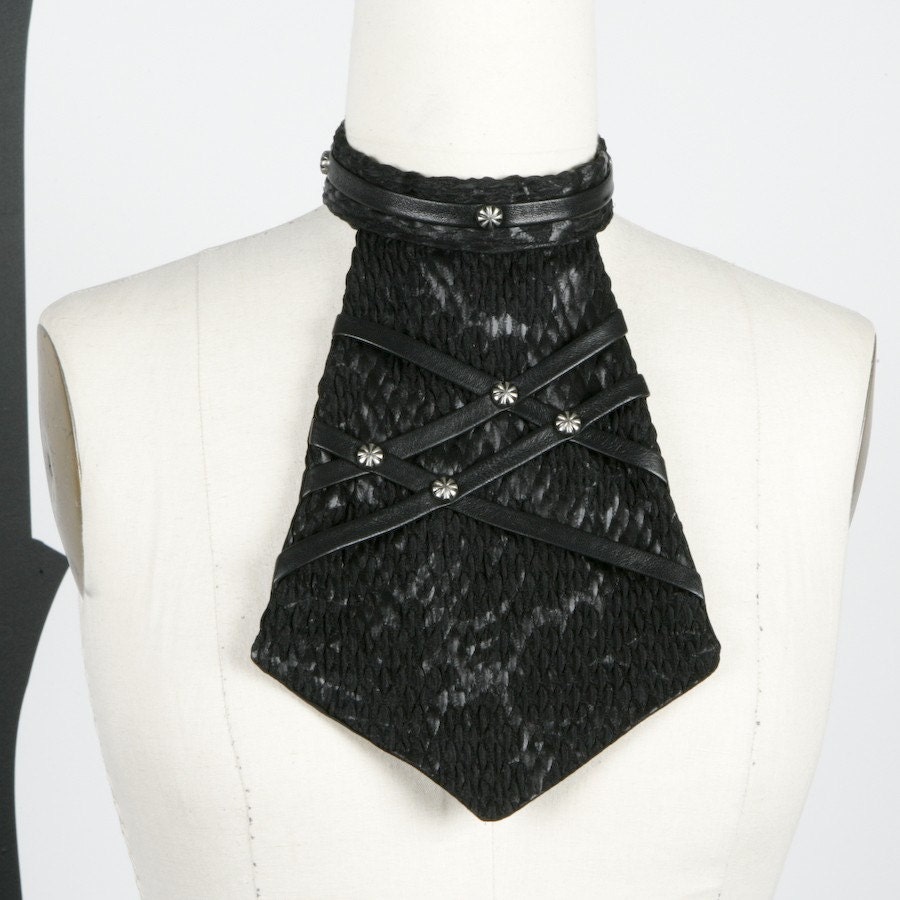 Black Unisex Rockin Jabot with Leather Straps and Silver Rivets