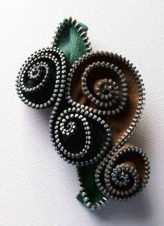 Black and Brown Floral Brooch / Zipper Pin by ZipPinning - 1603