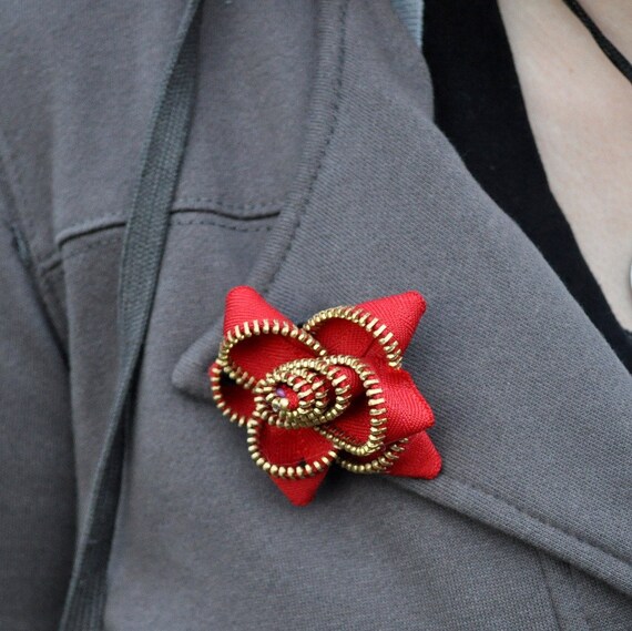 Red Zipper Flower Brooch by Too Much of a Good Thing on Etsy