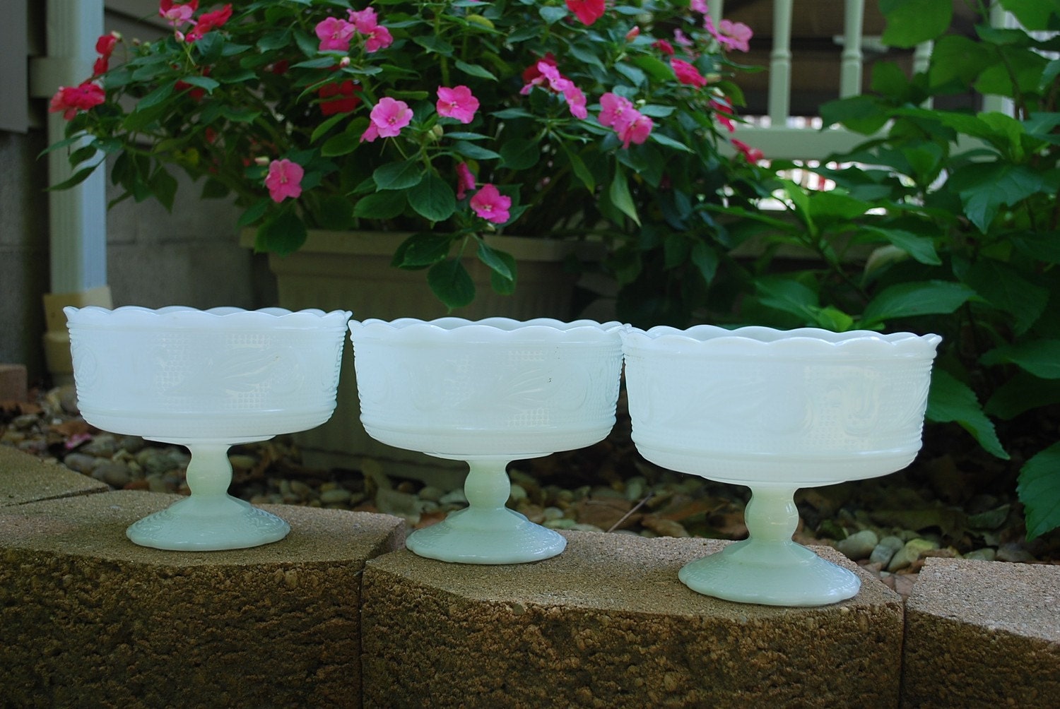 Three Matching Milk Glass Compotes