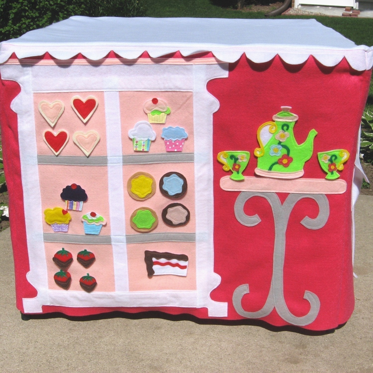 The CupCakery Card Table Playhouse, White Scalloped Roof, Brighter Colors, Custom Order, Personalized, 40 removable and replaceable pieces
