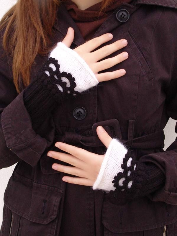 Fingerless mittens Knit, Arm Wrist Warmers, Crochet , classic color black white