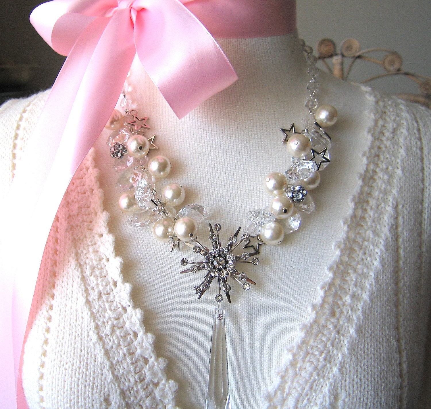 Jack Frost Necklace - A Cool Compilation Of Frosty Vintage Rhinestones And Crystal Ice - Chilly Winter White Pearls And Sparkling Snowflakes - BRRRRR -Baby It's Cold Outside -A Fantasy Statement Piece To Melt Her Heart