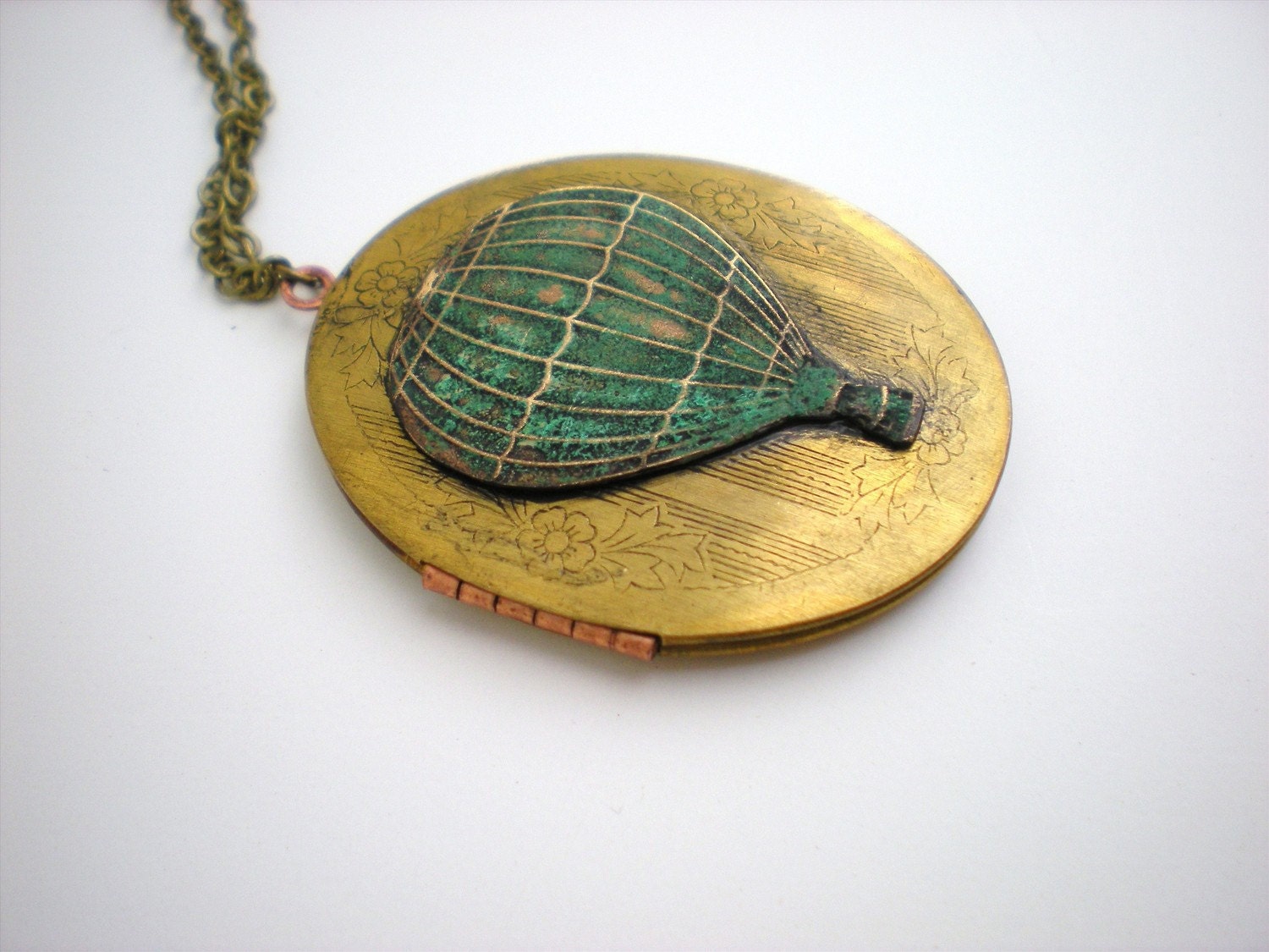 Hot Air Balloon Brass and Patina Locket With Teal Glass Beads