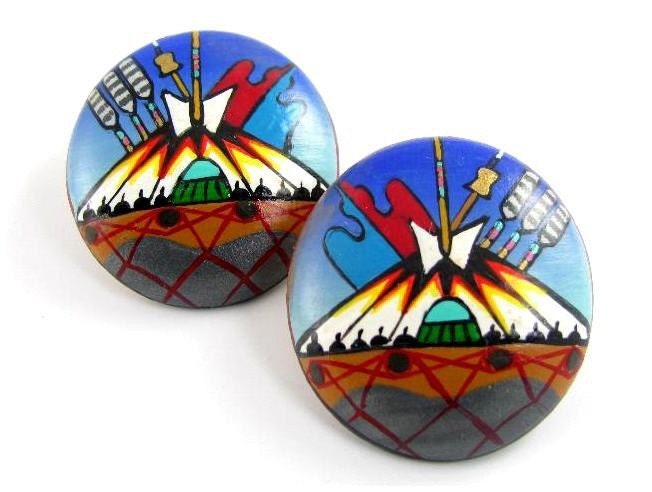 25% off SALE F. Hardy Painted Earrings Pottery Indian Teepee