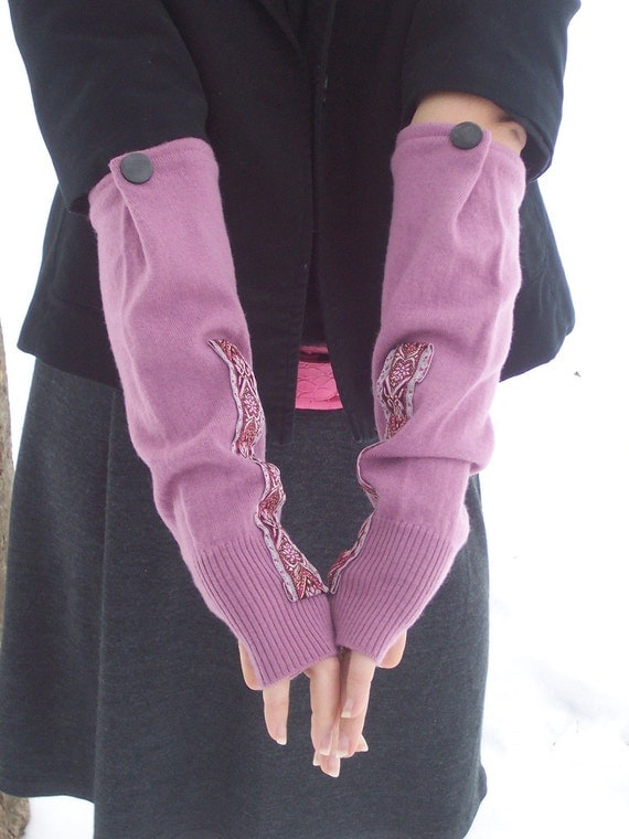 Pink Fingerless Gloves Gauntlets Ribbon Embellished  Merino Wool