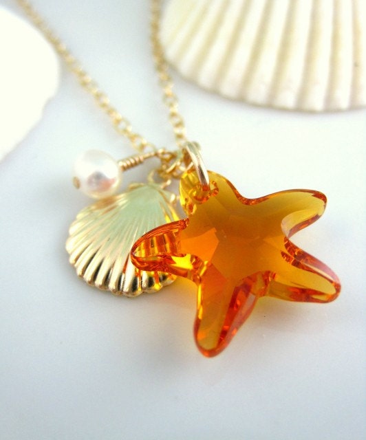 Swarovski topaz starfish necklace with gold sea shell and sea horse