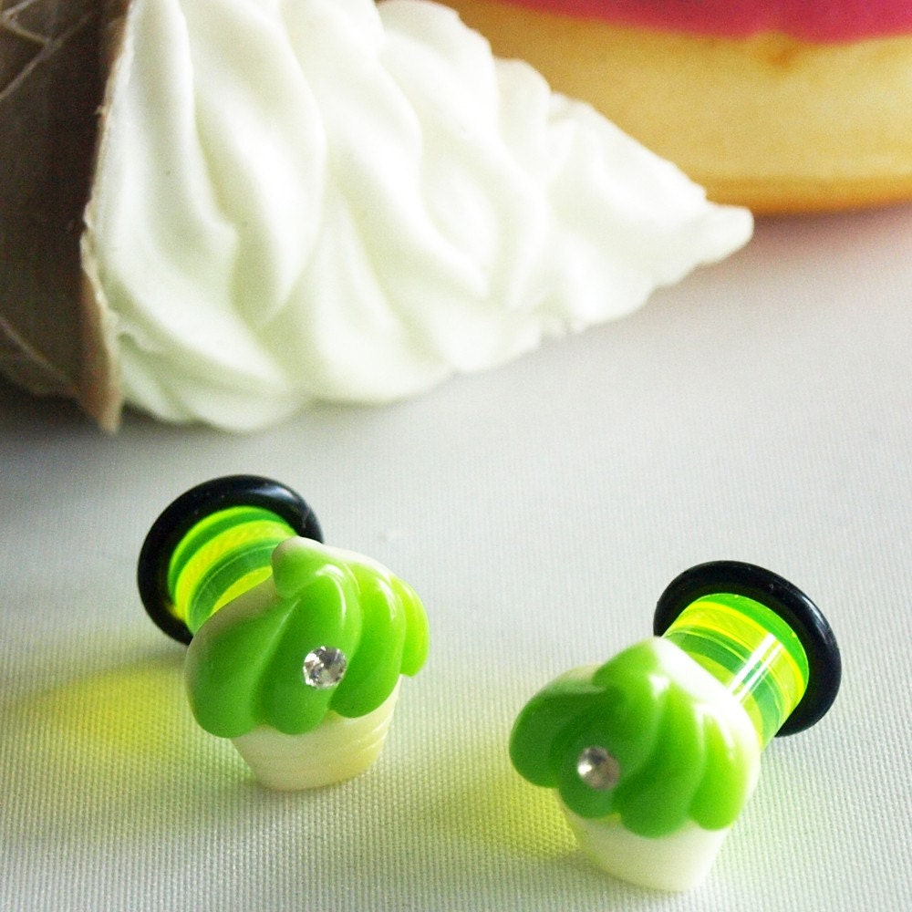 Lime Green Cupcake 0g 8 mm Studs Plugs piercing by glamasaurus