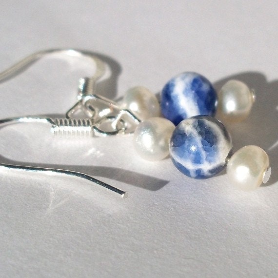 925 Sterling Silver Earrings - Fresh Water Pearls & Sodalite - Free Shipping