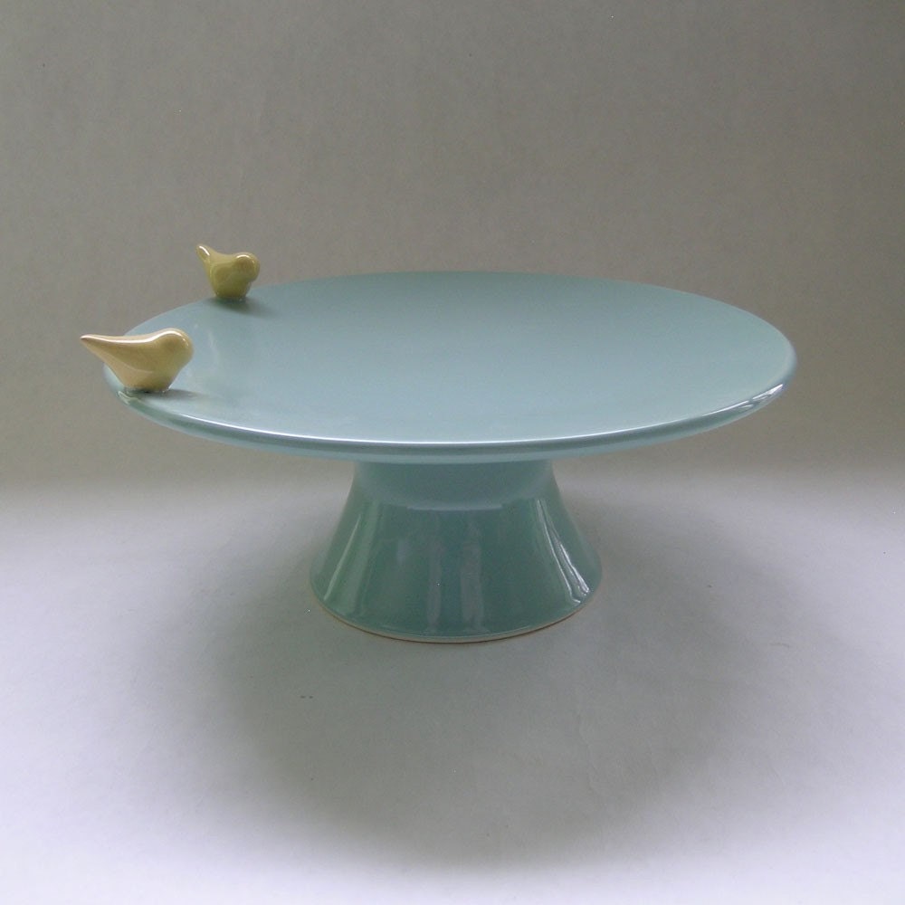 Med Bird Ceramic Cake Stand in Robin Egg Blue with Yellow Birds