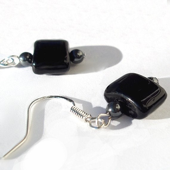 925 Sterling Silver Earrings - Vintage Black Glass & Hematite - Free Shipping