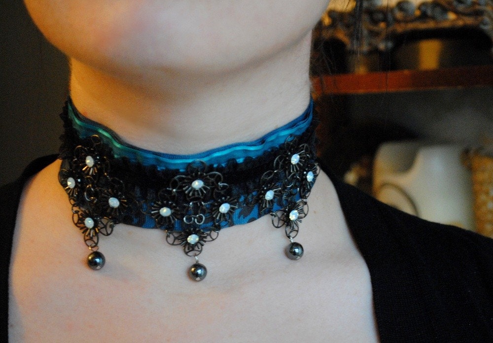 Gothic Victorian Layered Ribbon Choker w/ Vintage ornaments in teals