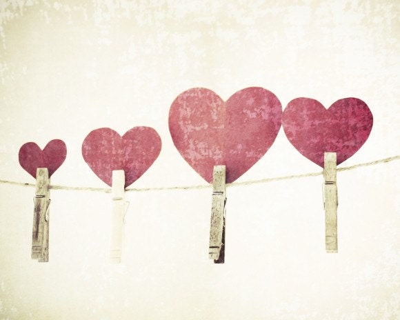 Love Multiplies - Art Photography - Red paper hearts on a clothes line - BOGO sale 5x7