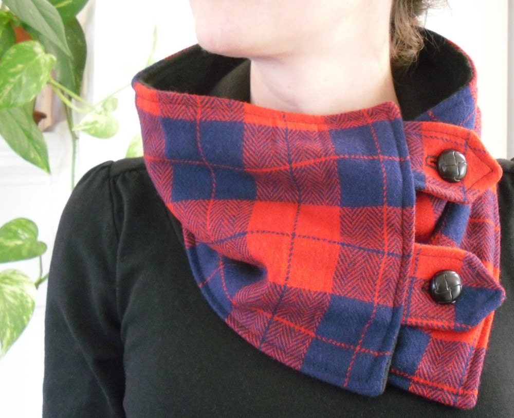 Red and Blue Plaid Upcycled  Neckwarmer Scarf with Black Buttons