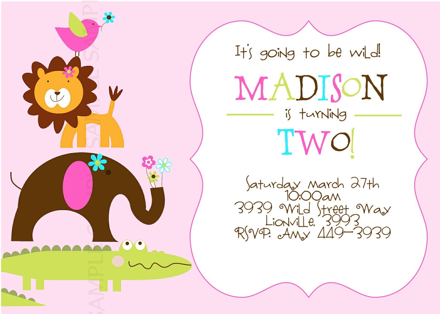 WILD PARTY Safari/Zoo/Jungle theme for GIRL Invitation.Photo or no photo option. Baby Shower or Birthday Party