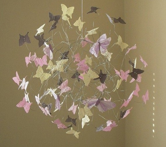 Butterfly Mobile in Grey,Creme and Pink with Three Lilac Feathered Butterflies
