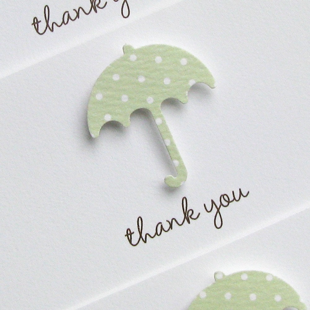 baby shower or new baby thank you notes - celery umbrella with chocolate enevlopes on white cotton cover stock