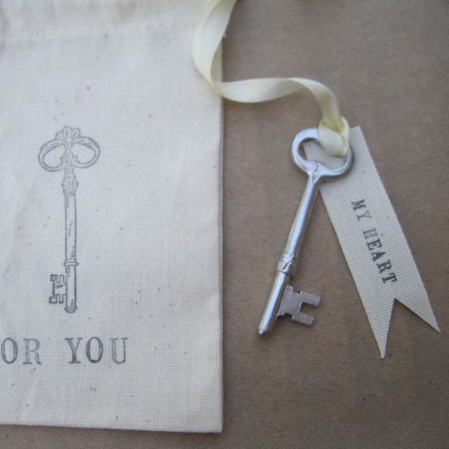Key to My Heart ornament and keepsake in custom stamped cloth bag, by Paloma's Nest- Valentine, anniversary, or wedding gift