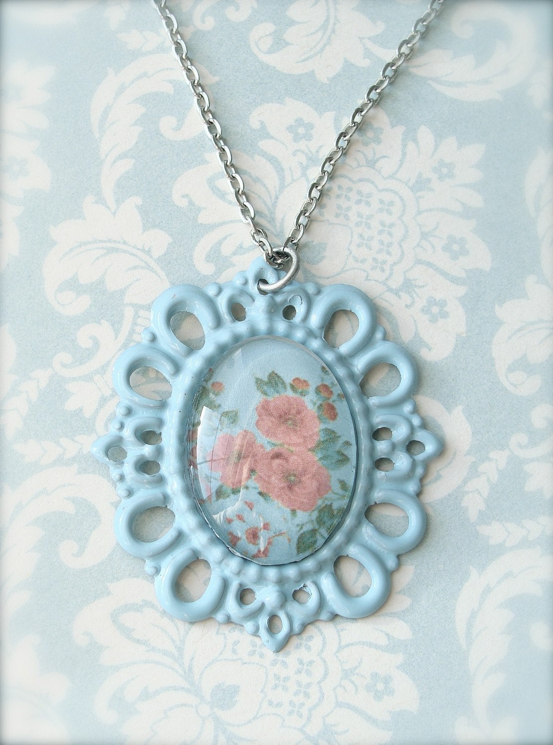 Shabby Chic Blue Flower Bouquet Cameo Necklace
