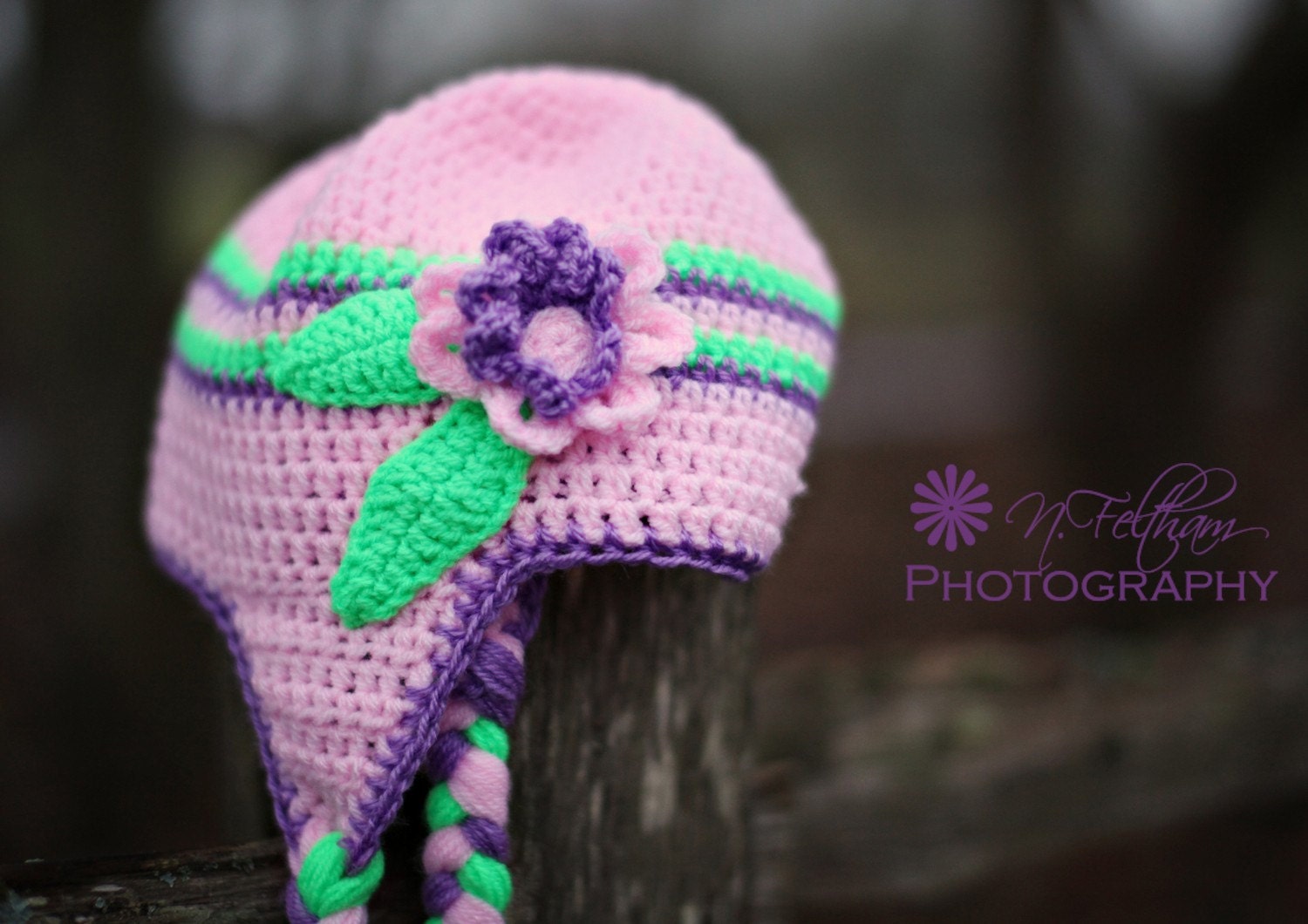 Crochet Pink and Purple  Flower  earflap beanie hat