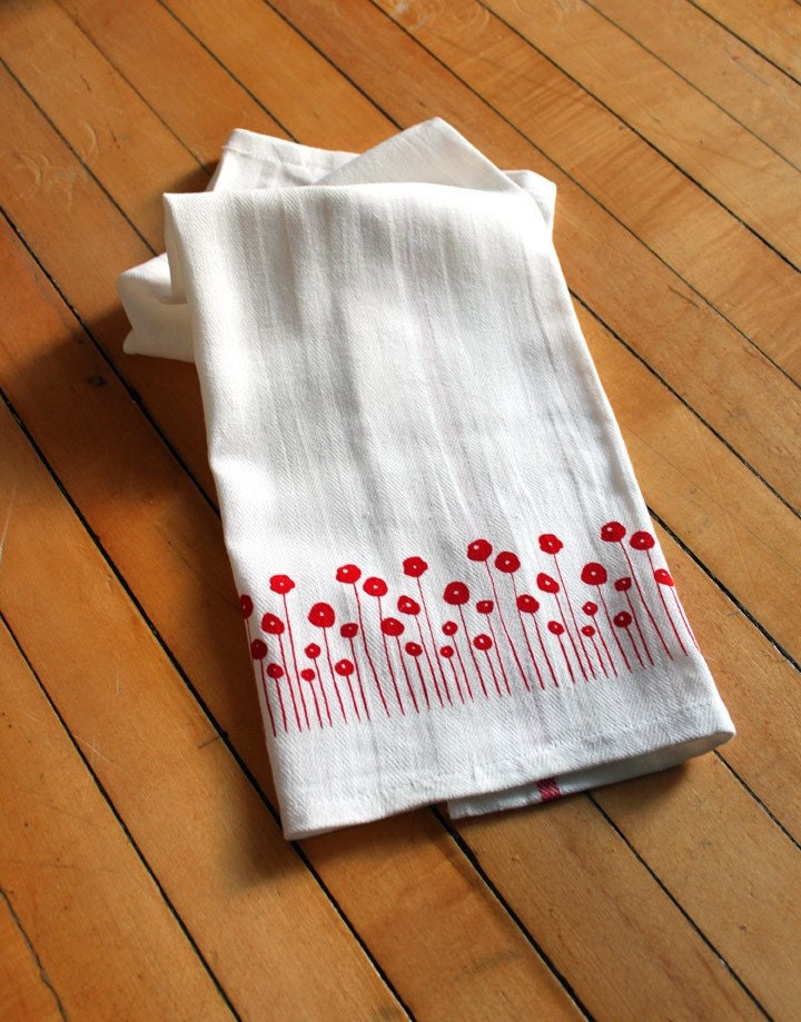 Set of Four Screen-printed Dish Towels with Red Poppies